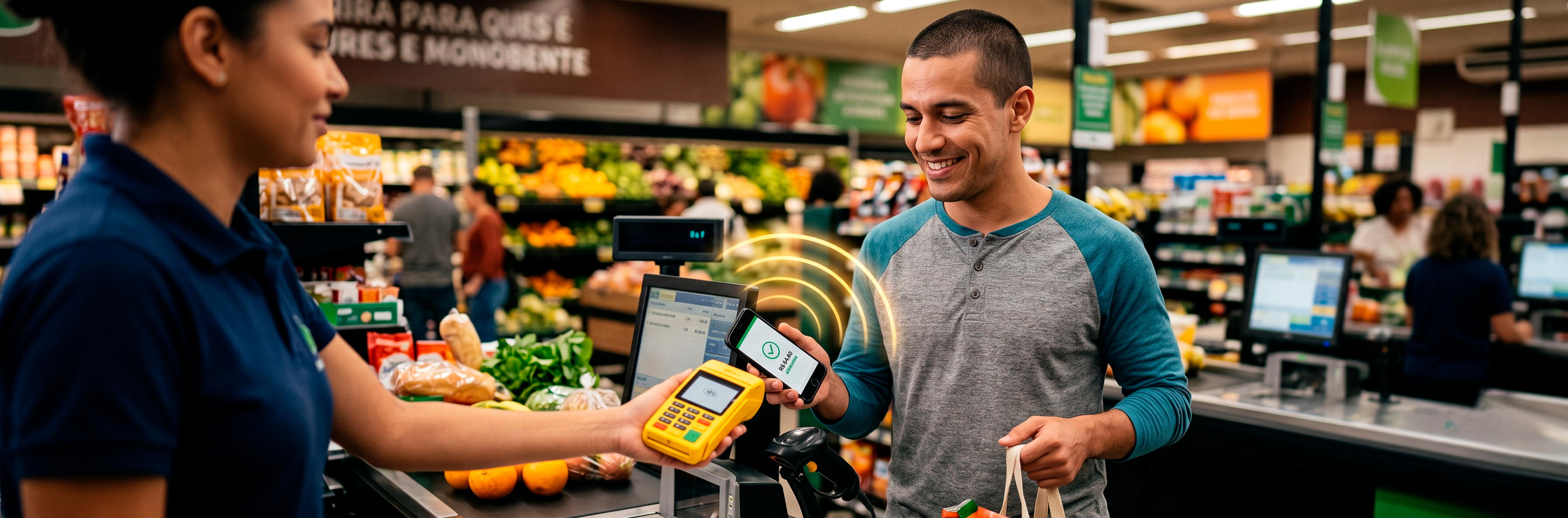 Cliente pagando por aproximação na maquininha de um comércio
